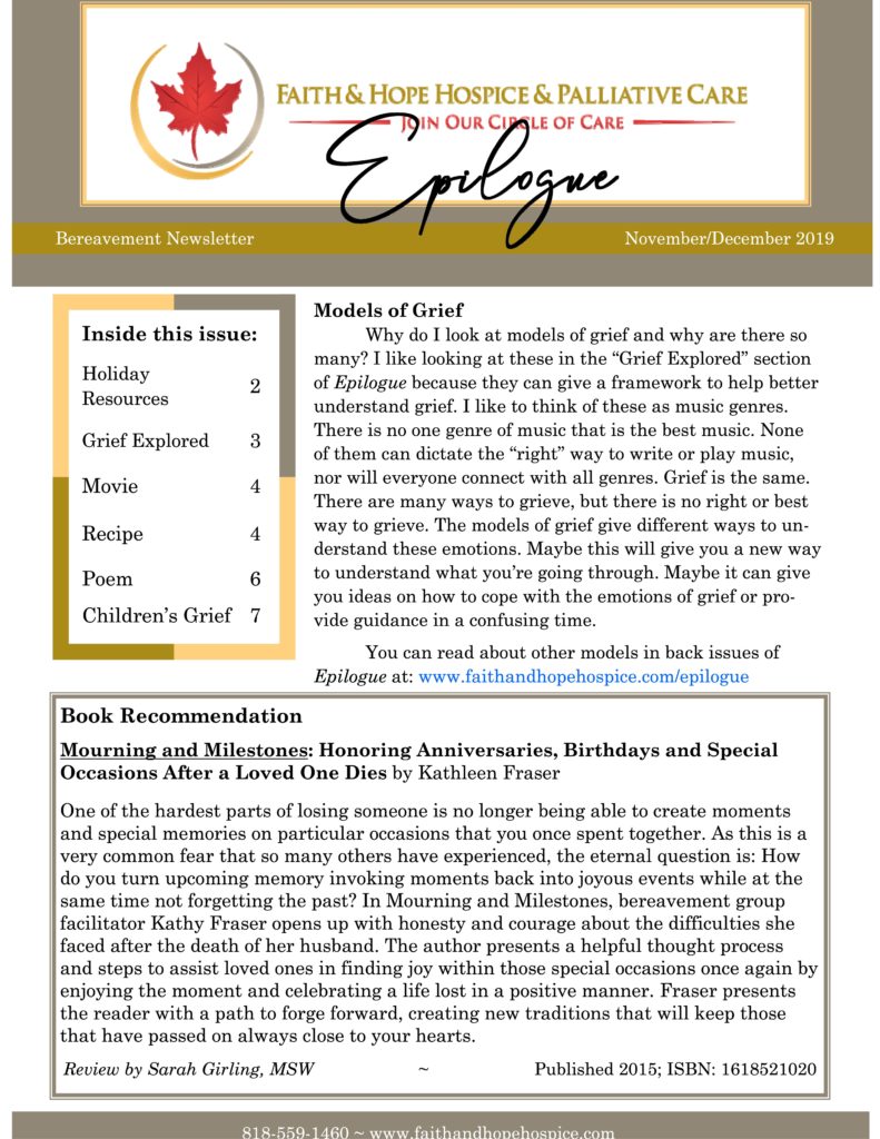 Epilogue: Bereavement Newsletter November / December 2019 Cover